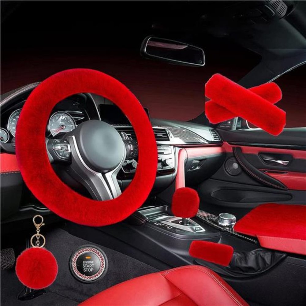 1 Set 8 Pieces Fluffy Steering Wheel Cover Set,Warm Soft Fuzzy Steering Covers